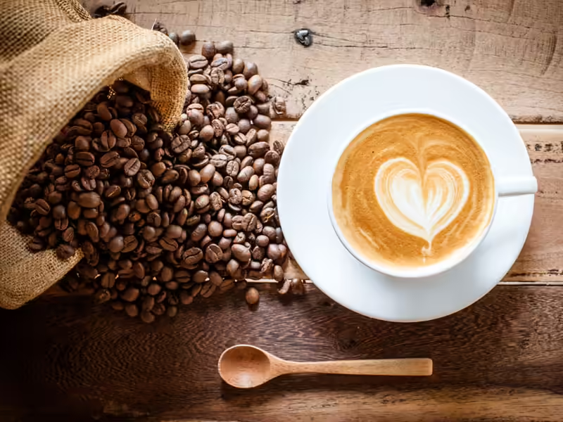 Coffee beans and latte